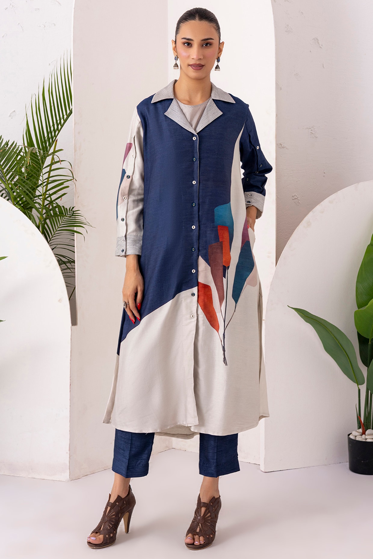 Haute Mess Blue & Ivory Silk Chanderi Digital Printed Jacket Set
