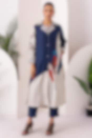 Blue & Ivory Silk Chanderi Digital Printed Jacket Set by Haute Mess at Pernia's Pop Up Shop