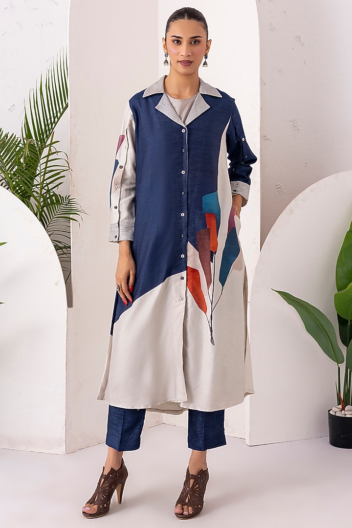 Blue & Ivory Silk Chanderi Digital Printed Jacket Set by Haute Mess at Pernia's Pop Up Shop