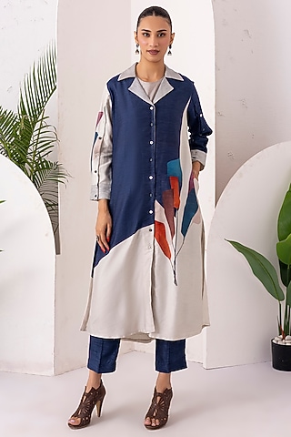 Blue & Ivory Silk Chanderi Digital Printed Jacket Set by Haute Mess