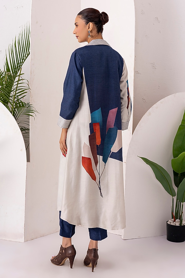 Blue & Ivory Silk Chanderi Digital Printed Jacket Set by Haute Mess at Pernia's Pop Up Shop