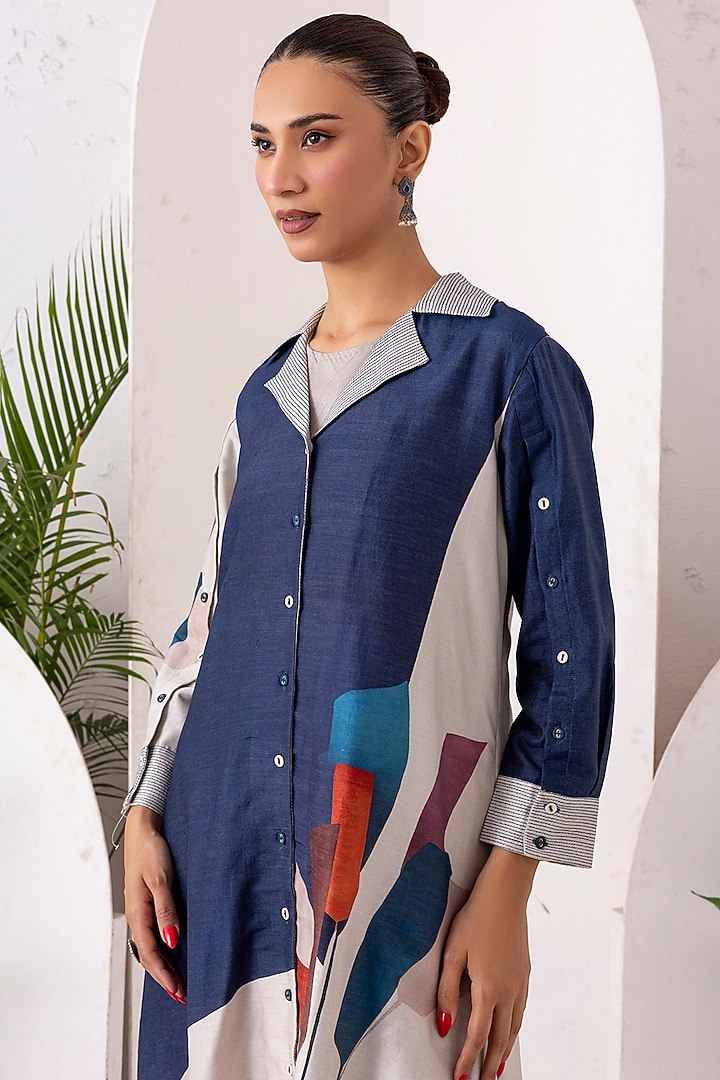 Blue & Ivory Silk Chanderi Digital Printed Jacket Set by Haute Mess at Pernia's Pop Up Shop