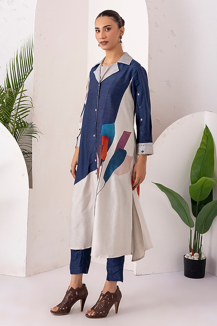 Blue & Ivory Silk Chanderi Digital Printed Jacket Set by Haute Mess at Pernia's Pop Up Shop