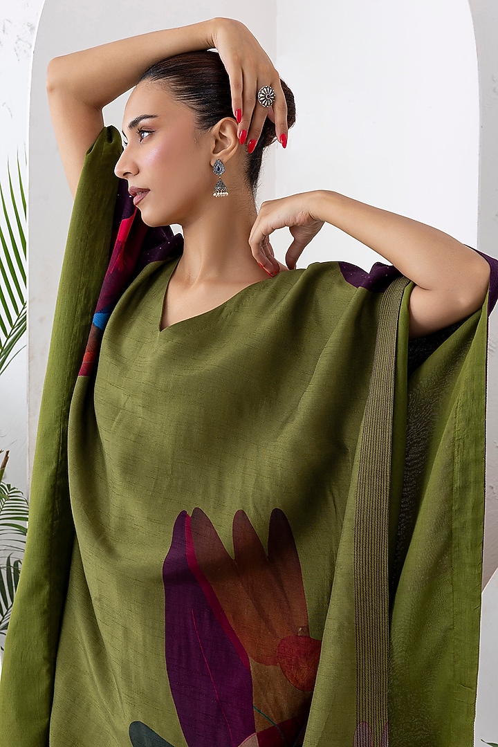Leaf Green Viscose Dupion Digital Printed Kaftan Set by Haute Mess at Pernia's Pop Up Shop