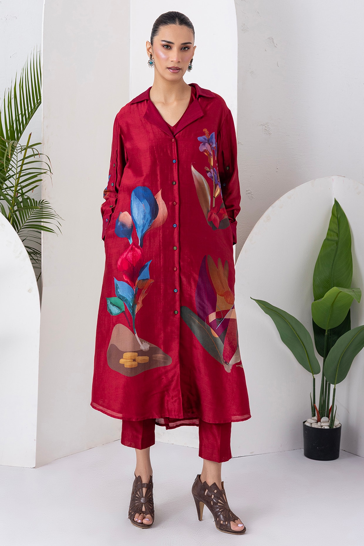 Haute Mess Red Viscose Dupion Digital Printed Jacket Set