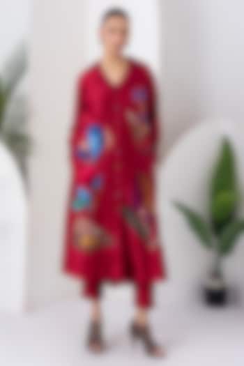 Red Viscose Dupion Digital Printed Jacket Set by Haute Mess at Pernia's Pop Up Shop
