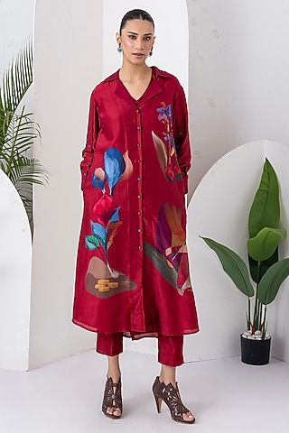 Red Viscose Dupion Digital Printed Jacket Set by Haute Mess