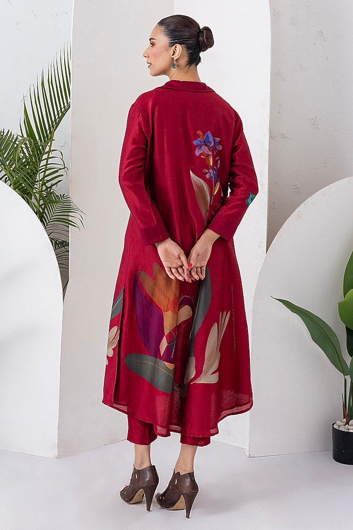 Red Viscose Dupion Digital Printed Jacket Set by Haute Mess at Pernia's Pop Up Shop