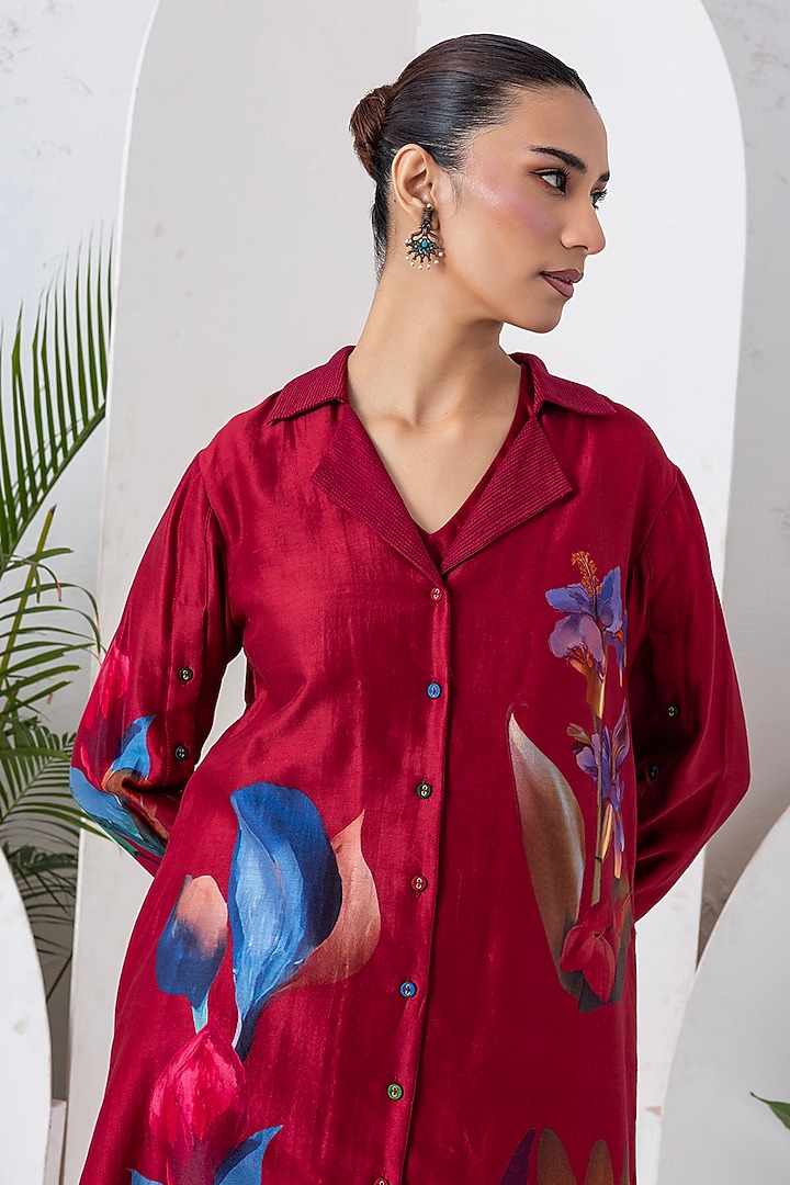 Red Viscose Dupion Digital Printed Jacket Set by Haute Mess at Pernia's Pop Up Shop
