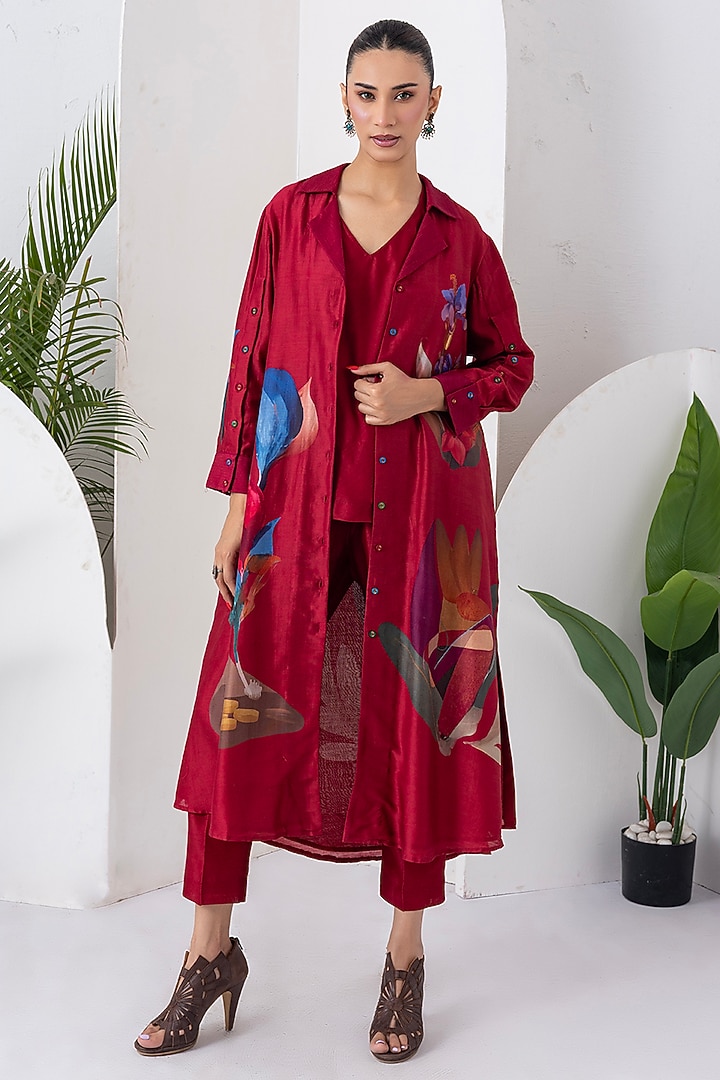 Red Viscose Dupion Digital Printed Jacket Set by Haute Mess at Pernia's Pop Up Shop
