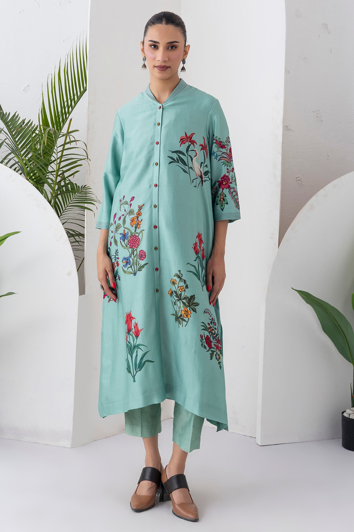 Haute Mess Mint Silk Chanderi Digital Printed Jacket Set