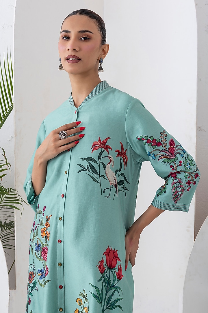 Mint Silk Chanderi Digital Printed Jacket Set by Haute Mess at Pernia's Pop Up Shop