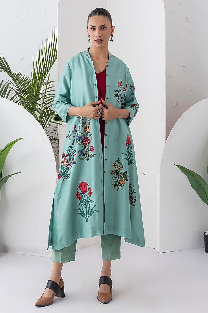 Mint Silk Chanderi Digital Printed Jacket Set by Haute Mess at Pernia's Pop Up Shop