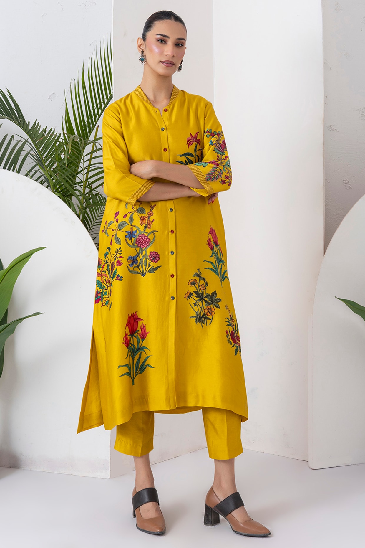 Haute Mess Yellow Silk Chanderi Floral Printed Front-Open Jacket Set
