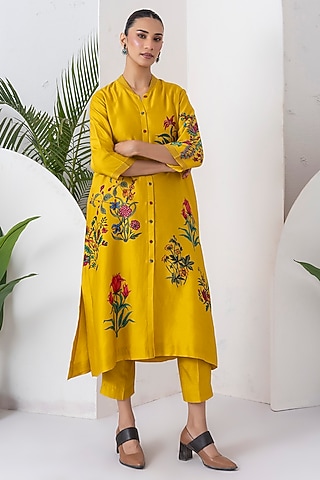 Yellow Silk Chanderi Floral Printed Front-Open Jacket Set by Haute Mess