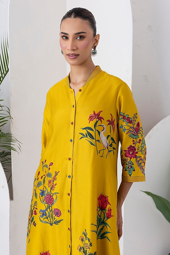Yellow Silk Chanderi Floral Printed Front-Open Jacket Set by Haute Mess at Pernia's Pop Up Shop