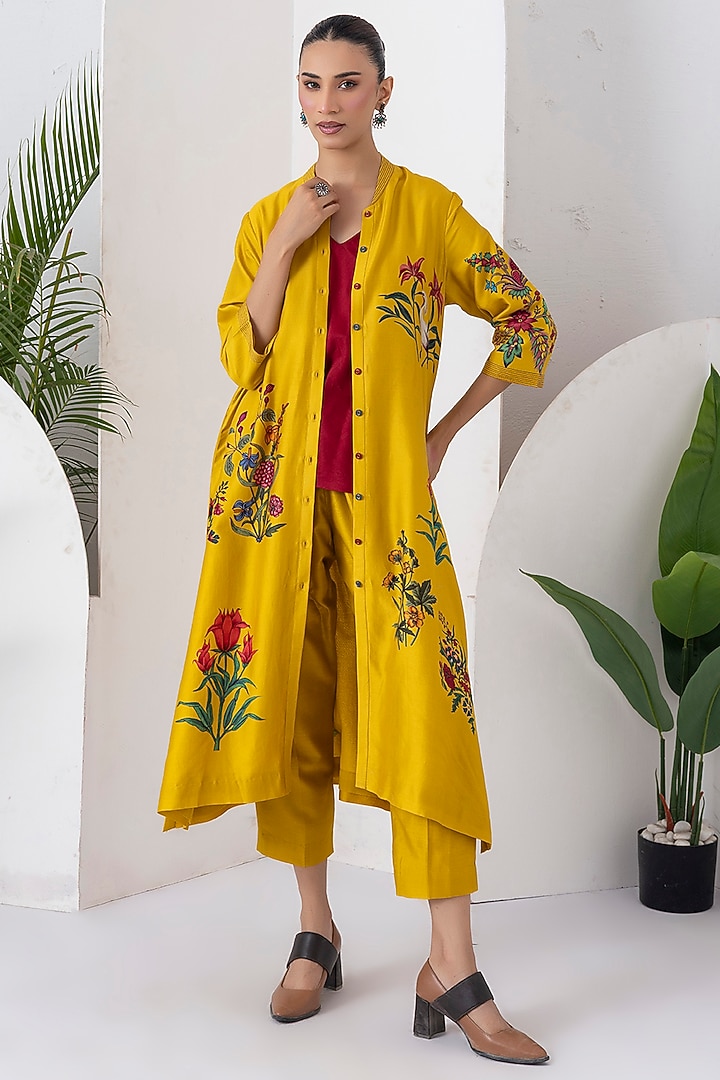 Yellow Silk Chanderi Floral Printed Front-Open Jacket Set by Haute Mess at Pernia's Pop Up Shop