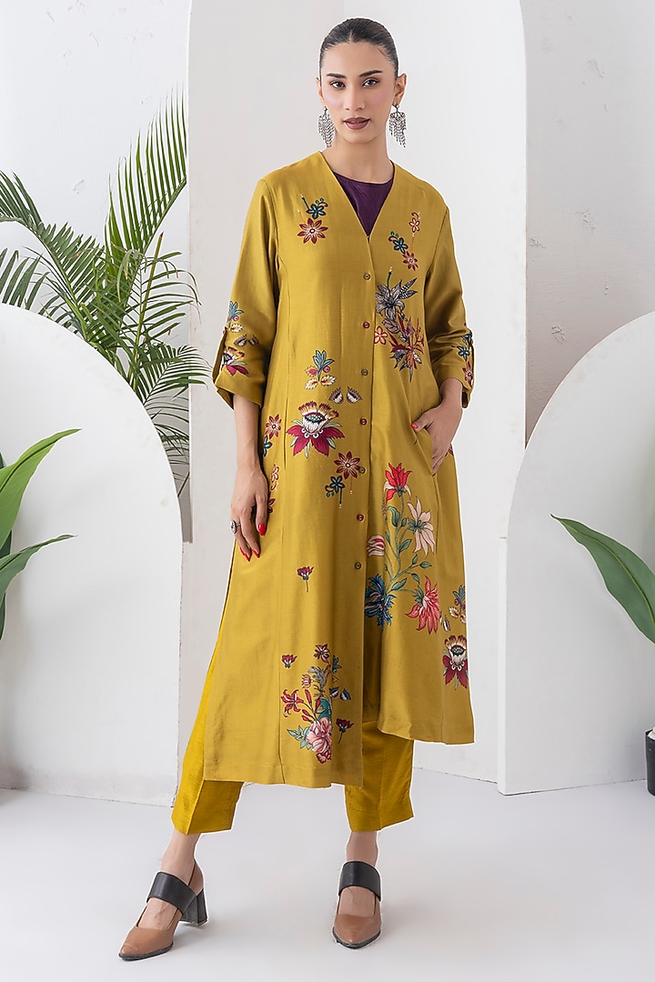 Mustard Silk Chanderi Printed High-Low Tunic Set by Haute Mess at Pernia's Pop Up Shop