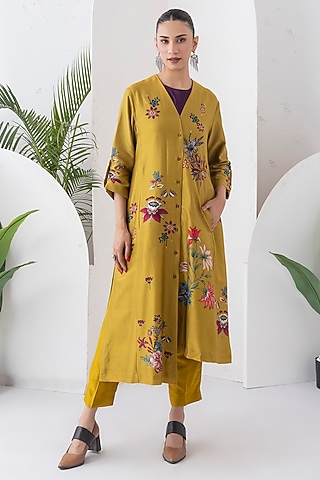 Mustard Silk Chanderi Printed High-Low Tunic Set by Haute Mess