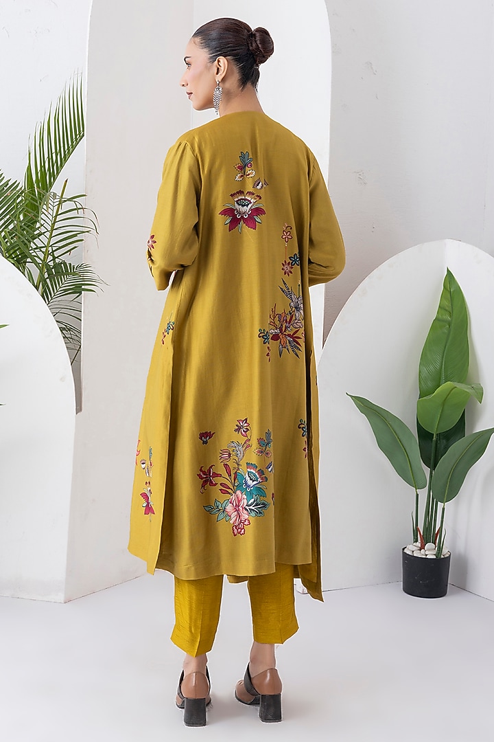 Mustard Silk Chanderi Printed High-Low Tunic Set by Haute Mess at Pernia's Pop Up Shop