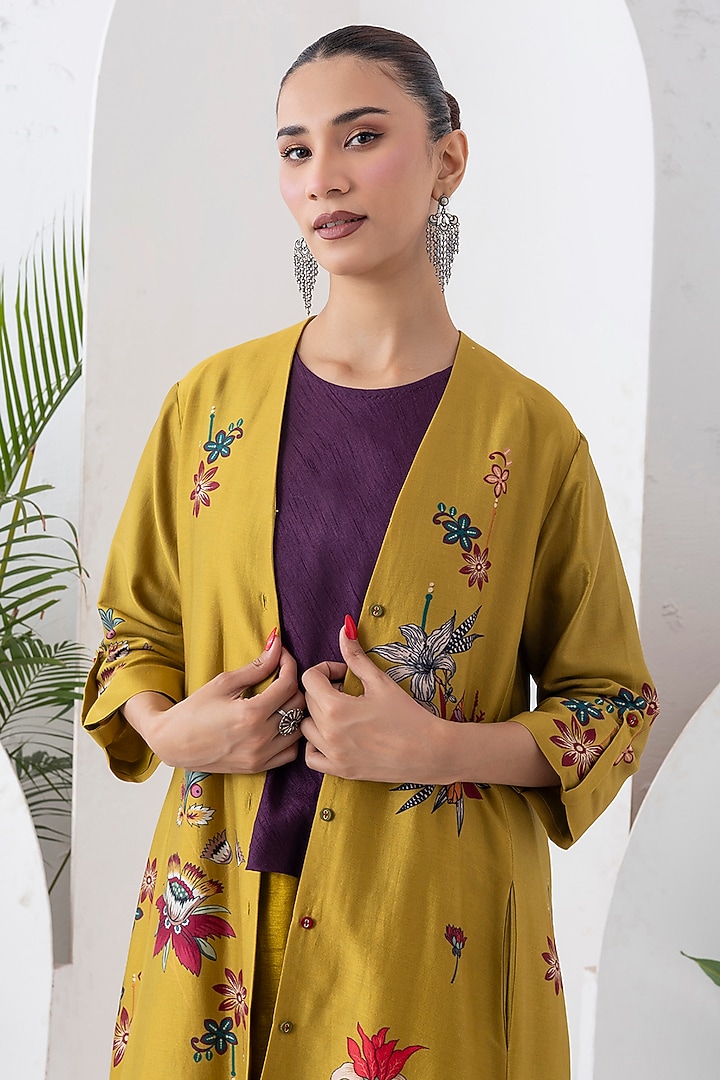 Mustard Silk Chanderi Printed High-Low Tunic Set by Haute Mess at Pernia's Pop Up Shop