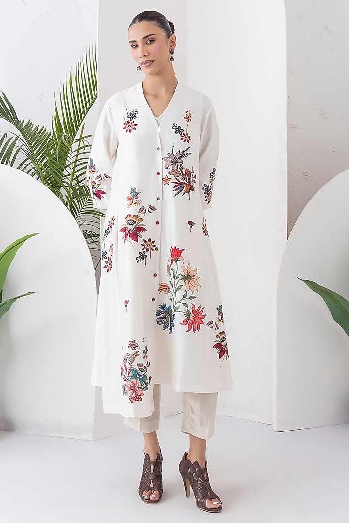 Ivory Silk Chanderi Printed High-Low Tunic Set by Haute Mess at Pernia's Pop Up Shop
