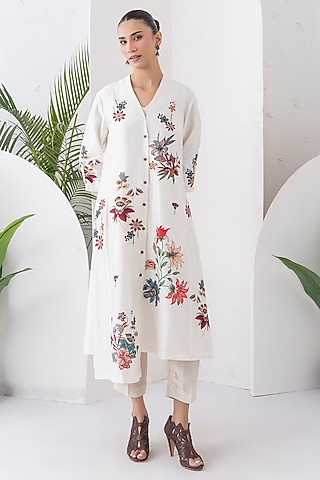 Ivory Silk Chanderi Printed High-Low Tunic Set by Haute Mess