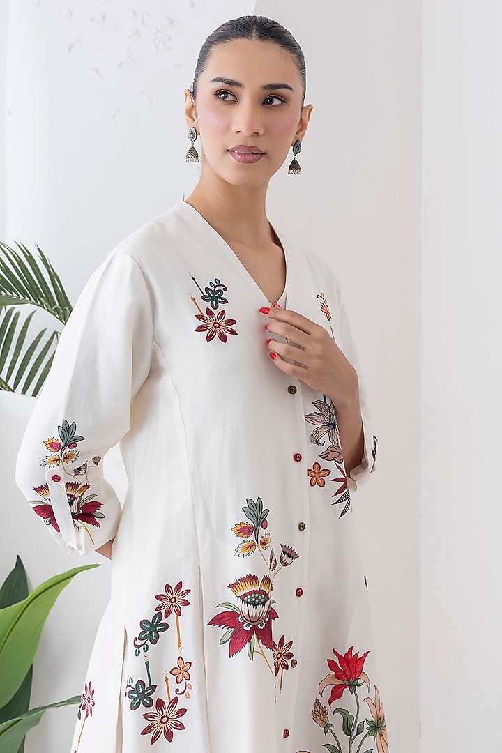 Ivory Silk Chanderi Printed High-Low Tunic Set by Haute Mess at Pernia's Pop Up Shop