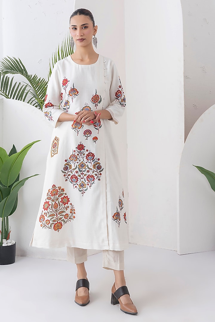 Ivory Silk Chanderi Printed Side Panel Tunic Set by Haute Mess at Pernia's Pop Up Shop