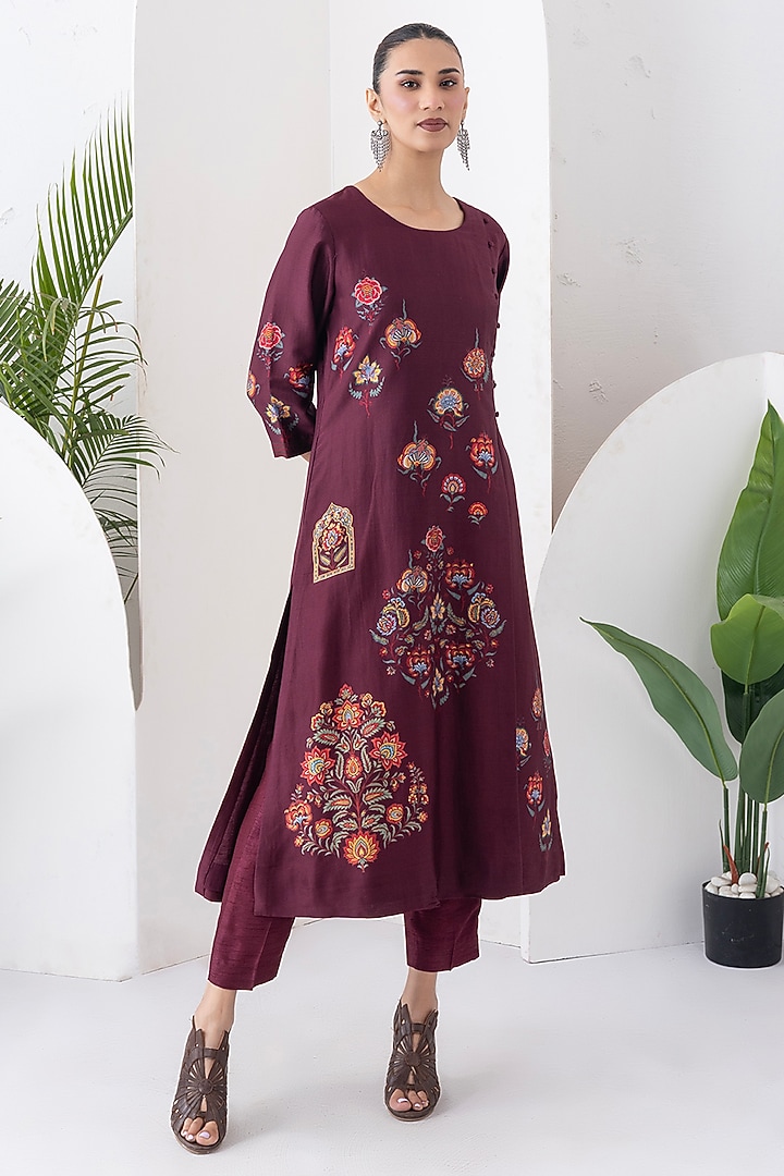Chocolate Brown Silk Chanderi Printed Tunic Set by Haute Mess at Pernia's Pop Up Shop