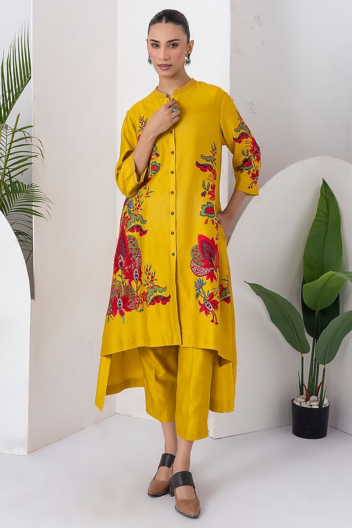 Yellow Silk Chanderi Floral Printed High-Low Tunic Set by Haute Mess at Pernia's Pop Up Shop