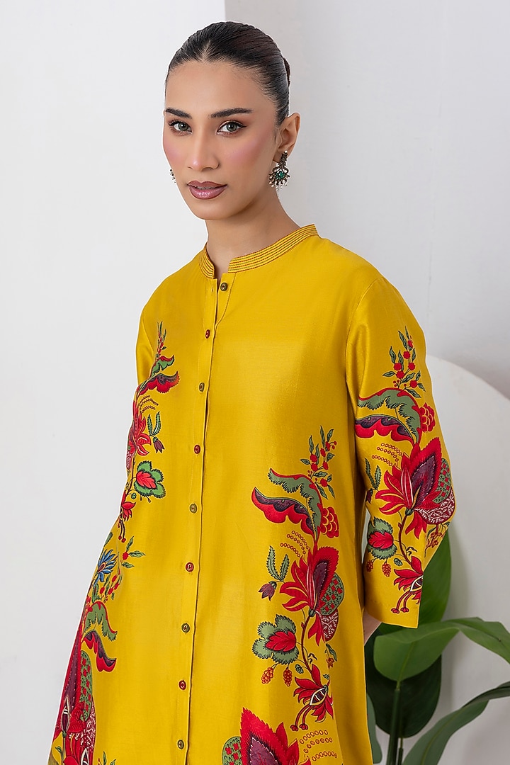 Yellow Silk Chanderi Floral Printed High-Low Tunic Set by Haute Mess at Pernia's Pop Up Shop