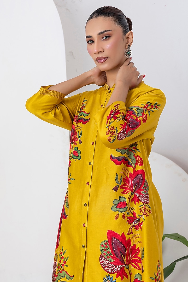 Yellow Silk Chanderi Floral Printed High-Low Tunic Set by Haute Mess at Pernia's Pop Up Shop