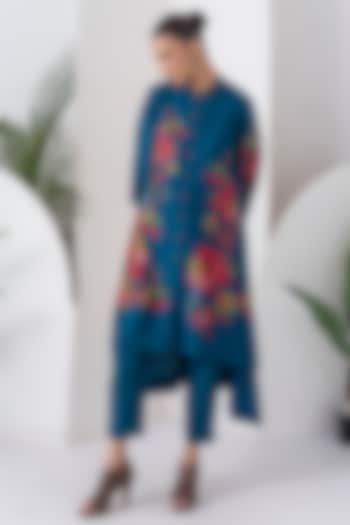 Indigo Silk Chanderi Floral Printed High-Low Tunic Set by Haute Mess at Pernia's Pop Up Shop