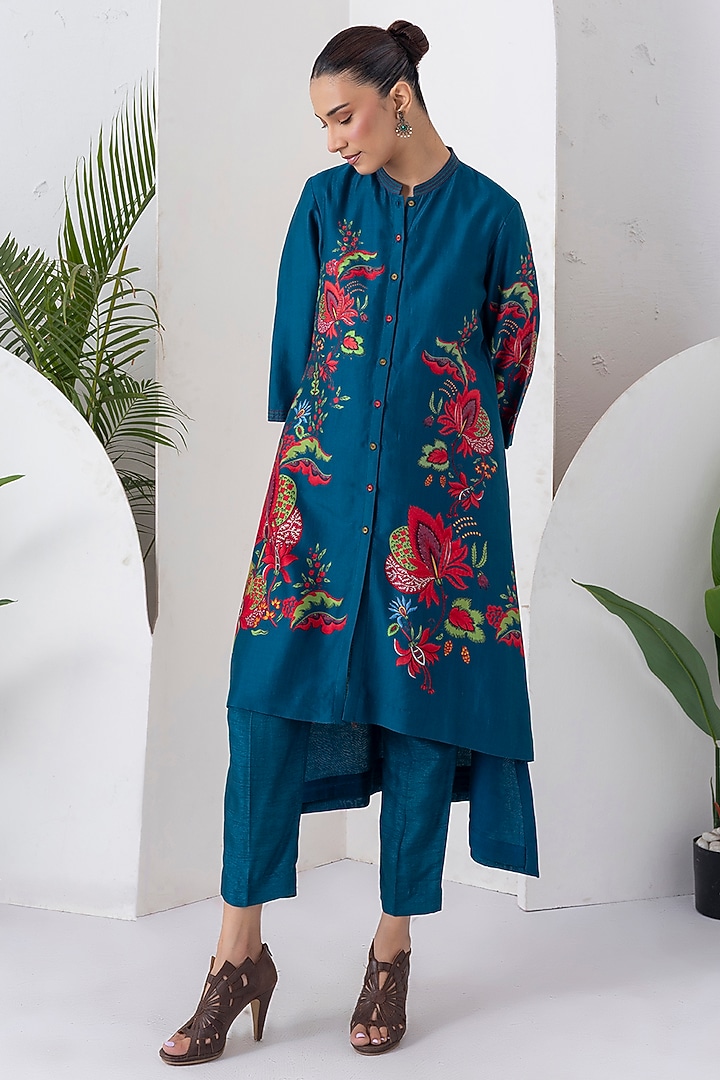 Indigo Silk Chanderi Floral Printed High-Low Tunic Set by Haute Mess at Pernia's Pop Up Shop