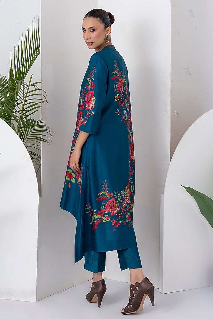 Indigo Silk Chanderi Floral Printed High-Low Tunic Set by Haute Mess at Pernia's Pop Up Shop