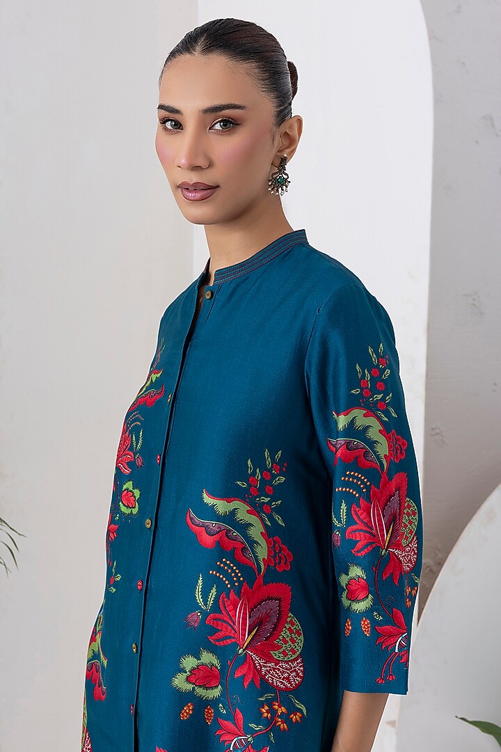 Indigo Silk Chanderi Floral Printed High-Low Tunic Set by Haute Mess at Pernia's Pop Up Shop