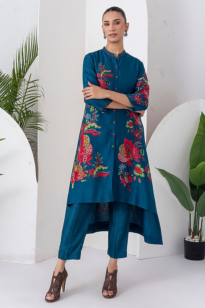 Indigo Silk Chanderi Floral Printed High-Low Tunic Set by Haute Mess at Pernia's Pop Up Shop