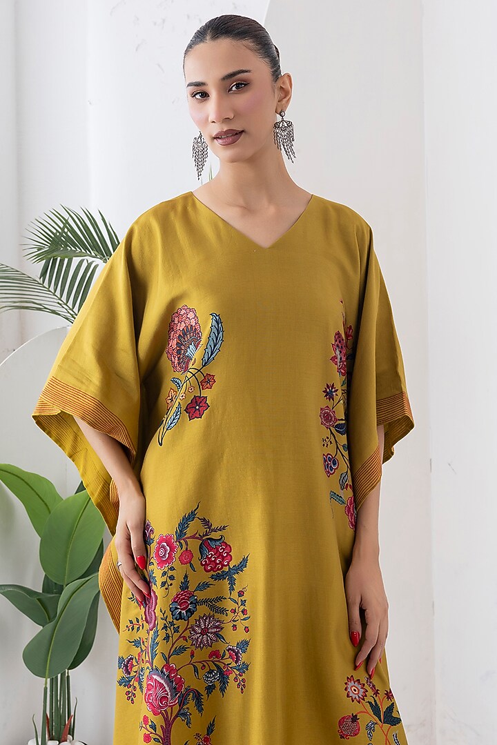 Mustard Silk Chanderi Chintz Printed Kaftan Set by Haute Mess at Pernia's Pop Up Shop