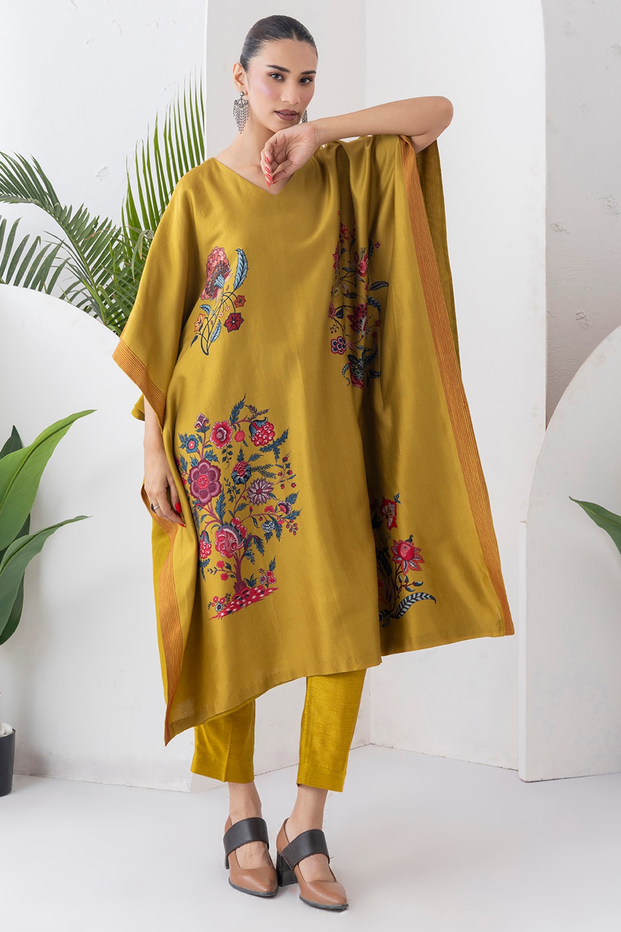 Haute Mess Mustard Silk Chanderi Chintz Printed Kaftan Set
