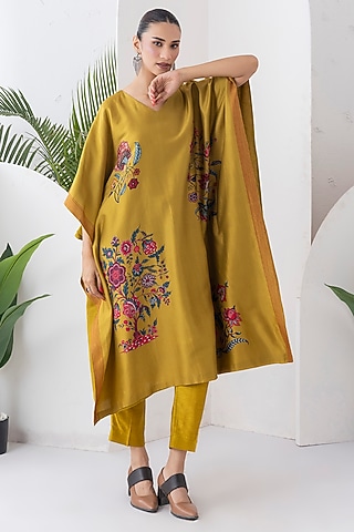Mustard Silk Chanderi Chintz Printed Kaftan Set by Haute Mess