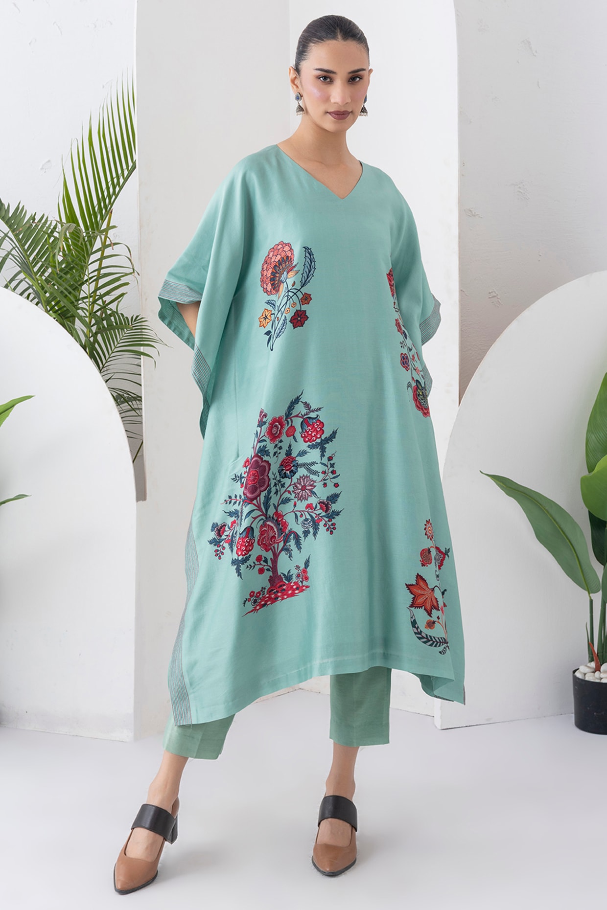Haute Mess Mint Silk Chanderi Chintz Printed Kaftan Set