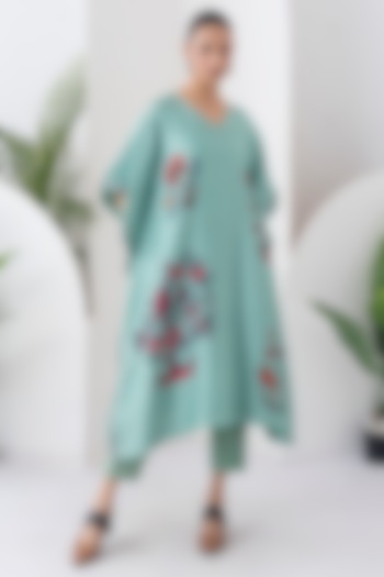 Mint Silk Chanderi Chintz Printed Kaftan Set by Haute Mess at Pernia's Pop Up Shop
