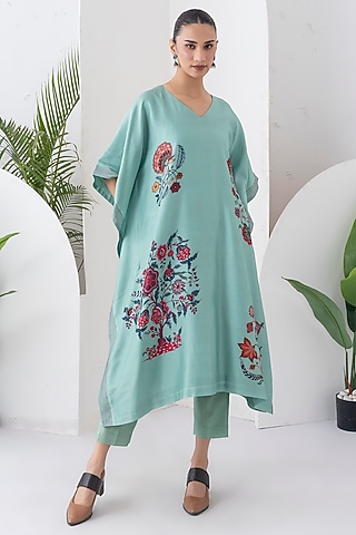 Mint Silk Chanderi Chintz Printed Kaftan Set by Haute Mess