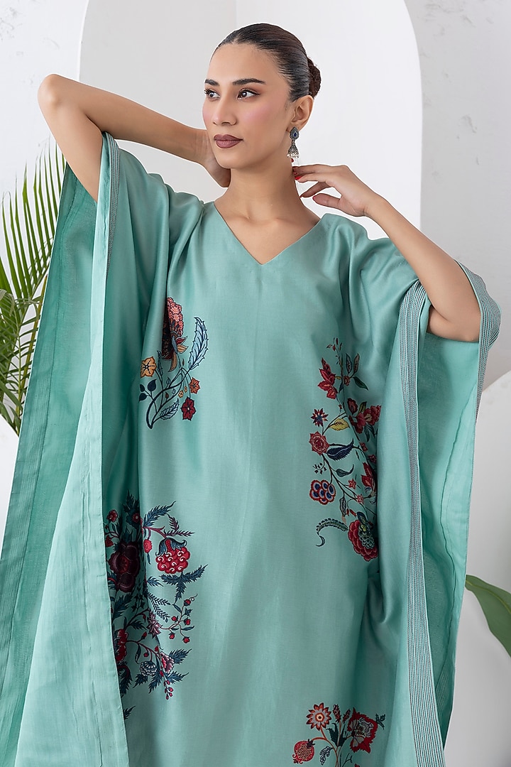 Mint Silk Chanderi Chintz Printed Kaftan Set by Haute Mess at Pernia's Pop Up Shop