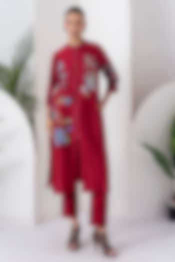 Maroon Silk Chanderi Floral Printed Front Open Tunic Set by Haute Mess at Pernia's Pop Up Shop