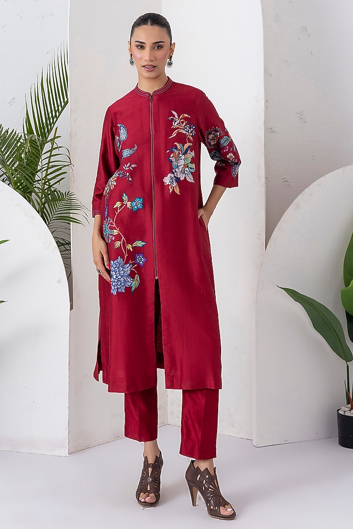 Maroon Silk Chanderi Floral Printed Front Open Tunic Set by Haute Mess at Pernia's Pop Up Shop