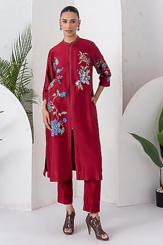 Maroon Silk Chanderi Floral Printed Front Open Tunic Set by Haute Mess