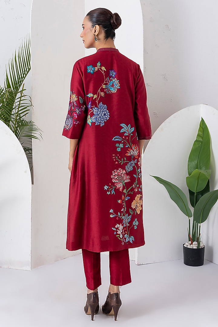 Maroon Silk Chanderi Floral Printed Front Open Tunic Set by Haute Mess at Pernia's Pop Up Shop