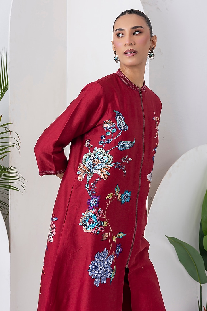 Maroon Silk Chanderi Floral Printed Front Open Tunic Set by Haute Mess at Pernia's Pop Up Shop